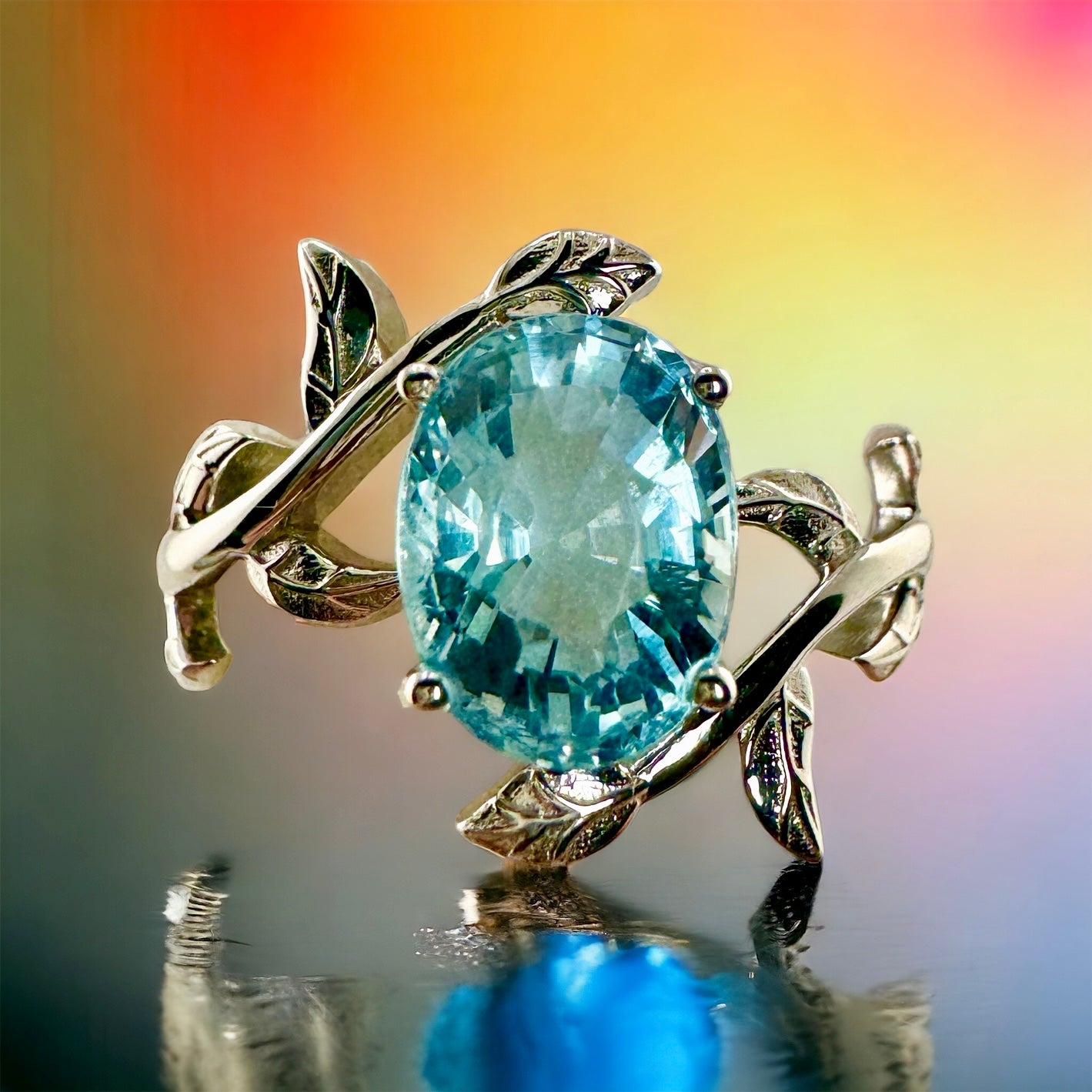 Top Grade Aquamarine Leaf-Carved Ring - US Size 8.5 - Willow Collection